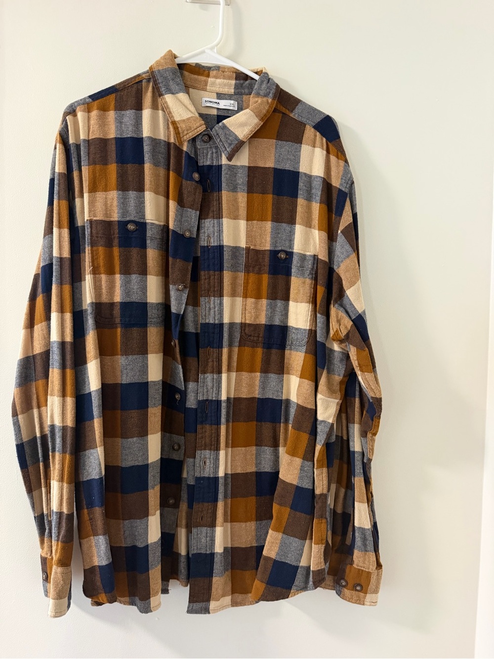 Sonoma Plaid Button-Down Shirt in Navy, Brown & Cream